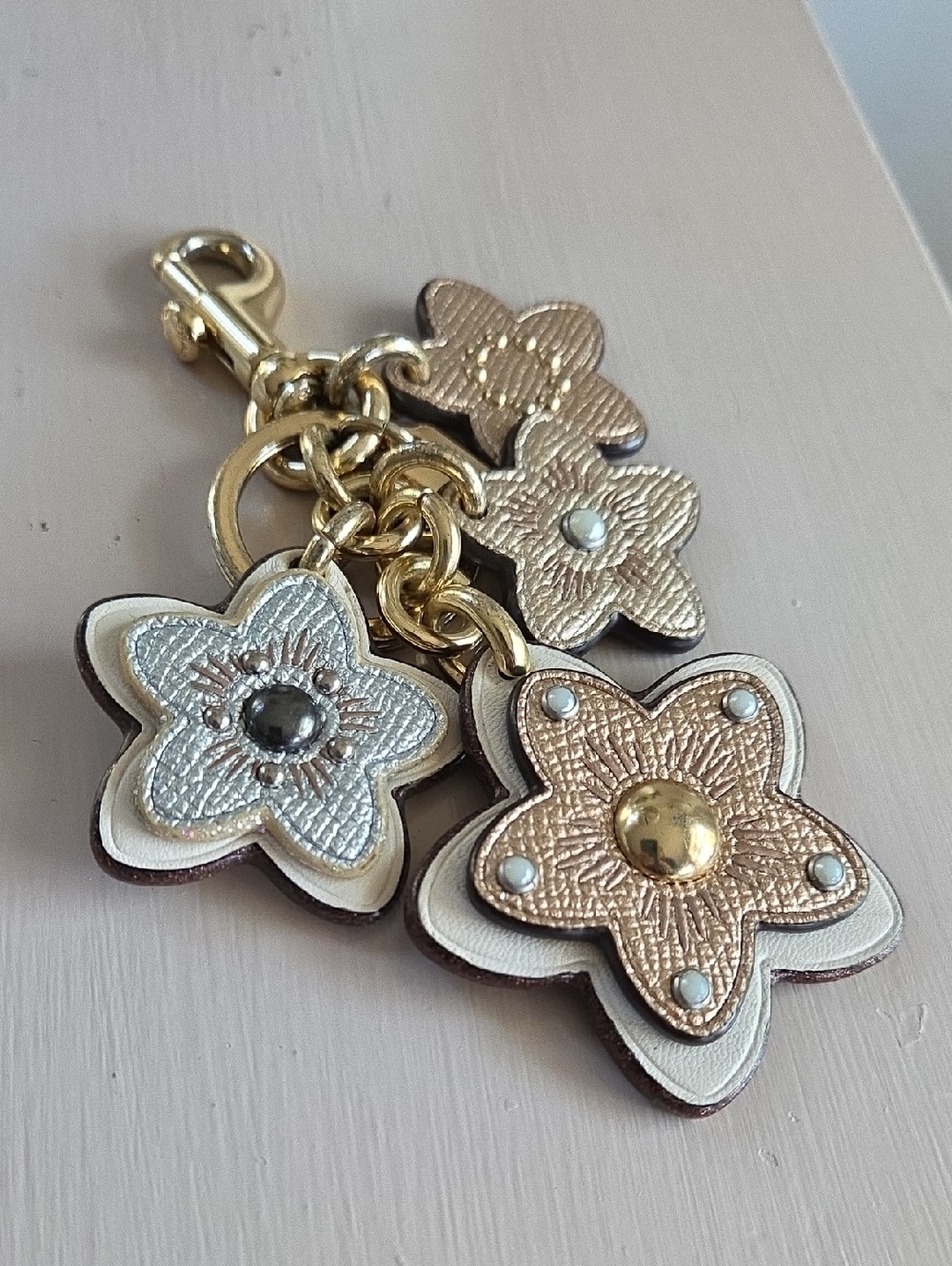 COACH Floral Metallic Leather Keychain with Gold Hardware - Picture 4 of 10